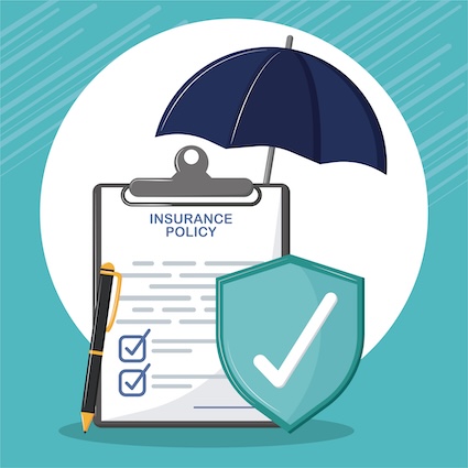 Insurance policy on a clipboard shielded by an umbrella