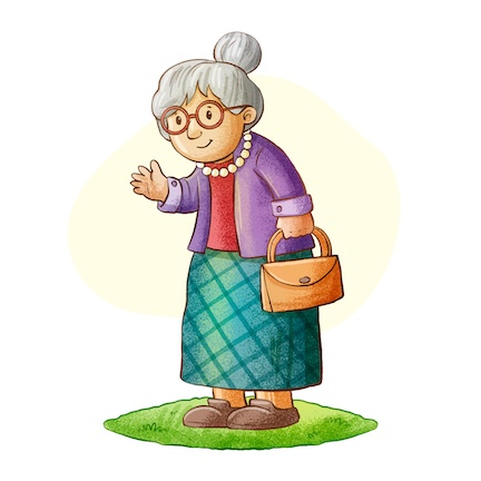 Illustration of older lady waving.