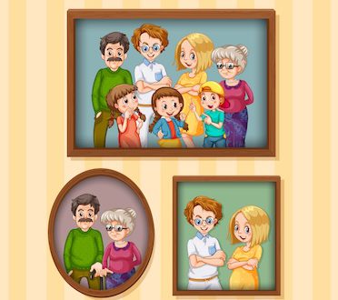 Illustration of family photos on a wall