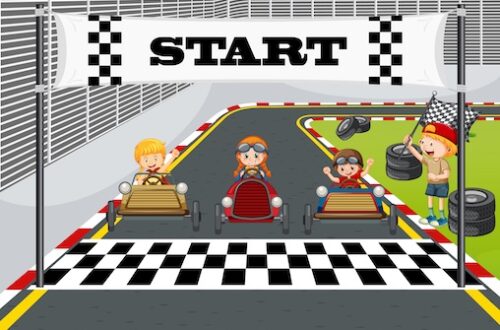 Illustrated race track scene with children driving cars at a starting line