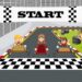 Illustrated race track scene with children driving cars at a starting line