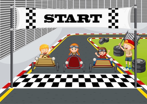 Illustrated race track scene with children driving cars at a starting line