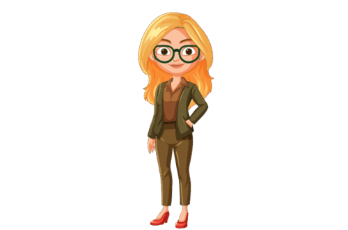 Illustration of a professionally dressed young woman wearing glasses.