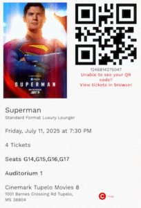 QR code and Superman movie tickets