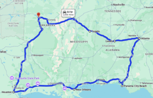Map route of a road trip in the southern U.S.