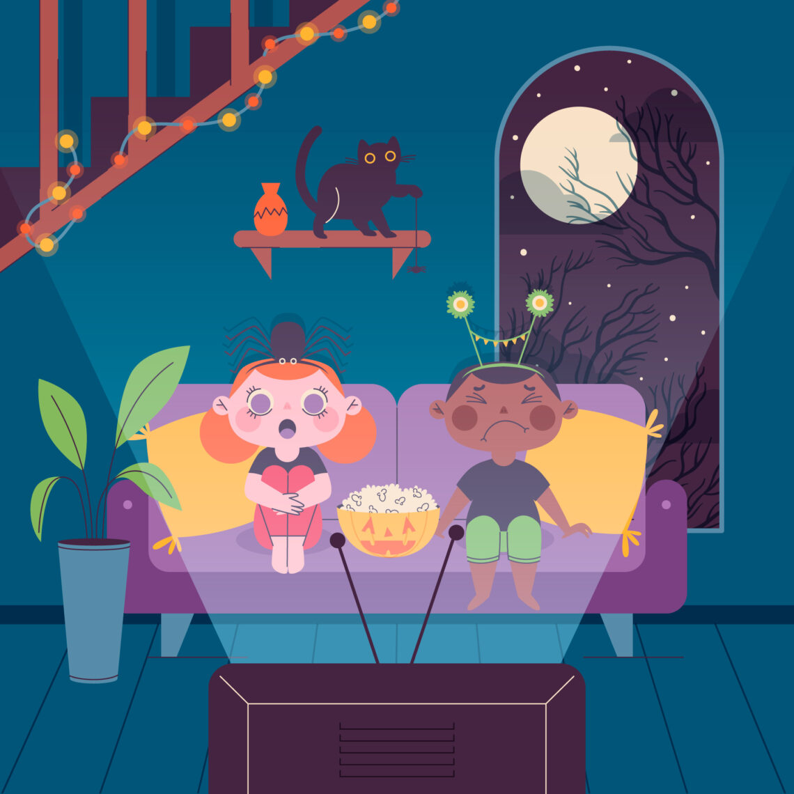 Illustration of children watching a Halloween movie