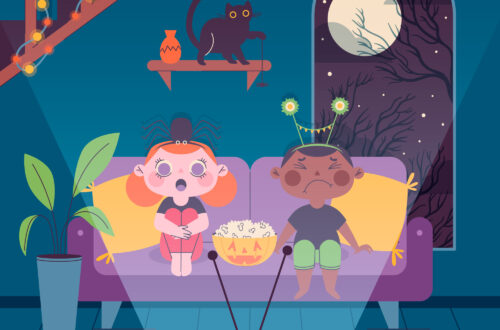 Illustration of children watching a Halloween movie
