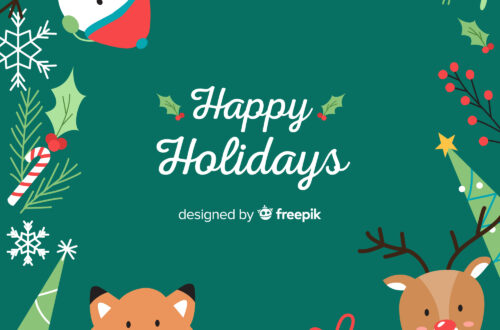 Illustration of animals, presents and a snowman with text reading Happy Holidays