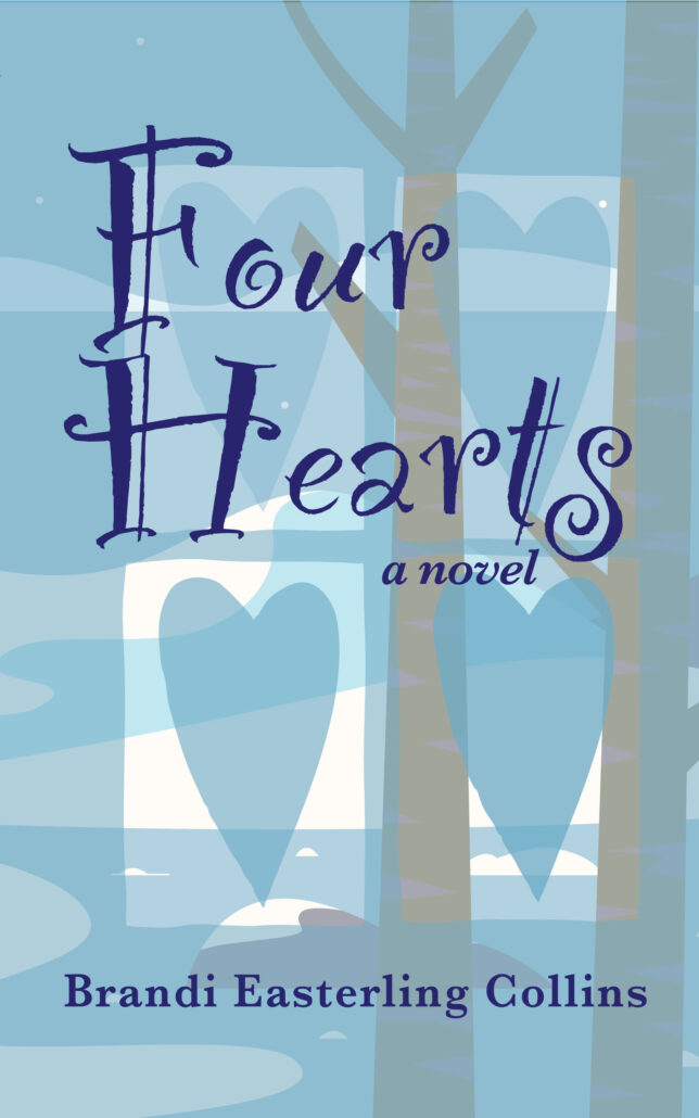 Book cover for "Four Hearts" featuring a window with four hearts and a snowy forest scene.