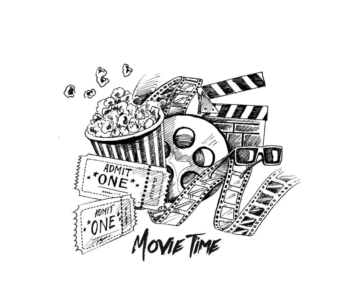 Sketch of movie tickets, popcorn and film