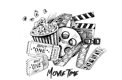 Sketch of movie tickets, popcorn and film