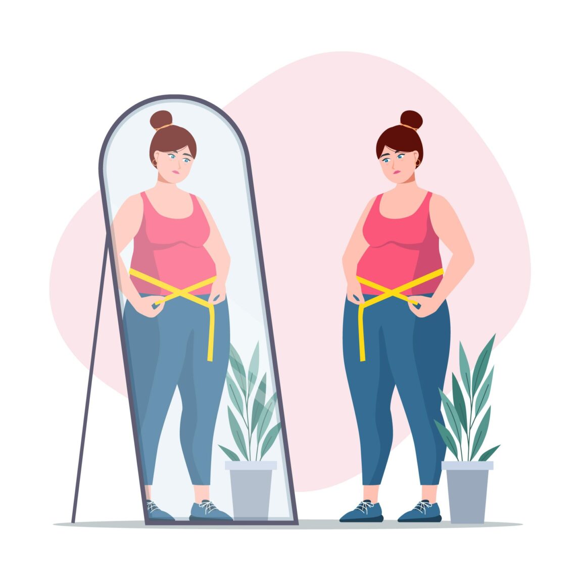 A woman looks into a mirror while measuring her waist