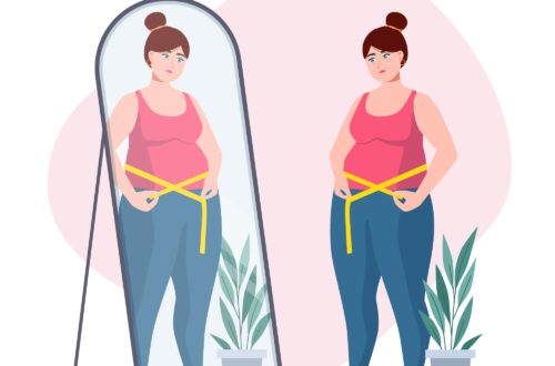 A woman looks into a mirror while measuring her waist
