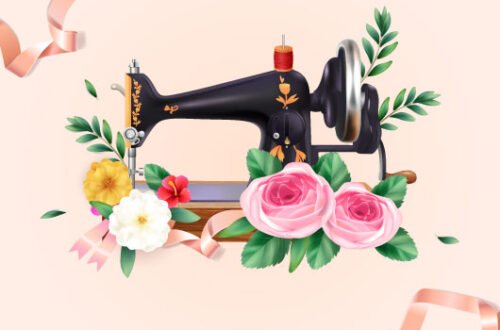 Antique sewing machine surrounded by flowers.