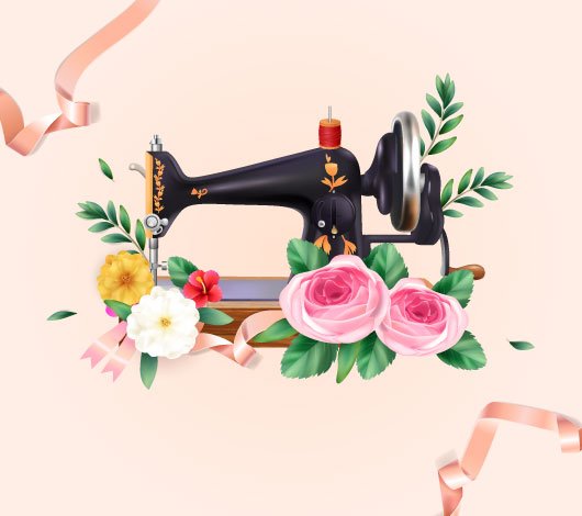 Antique sewing machine surrounded by flowers.